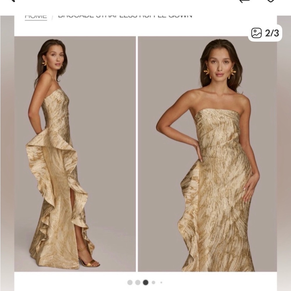Donna Karan Strapless Gold Brocade Ruffle Gown